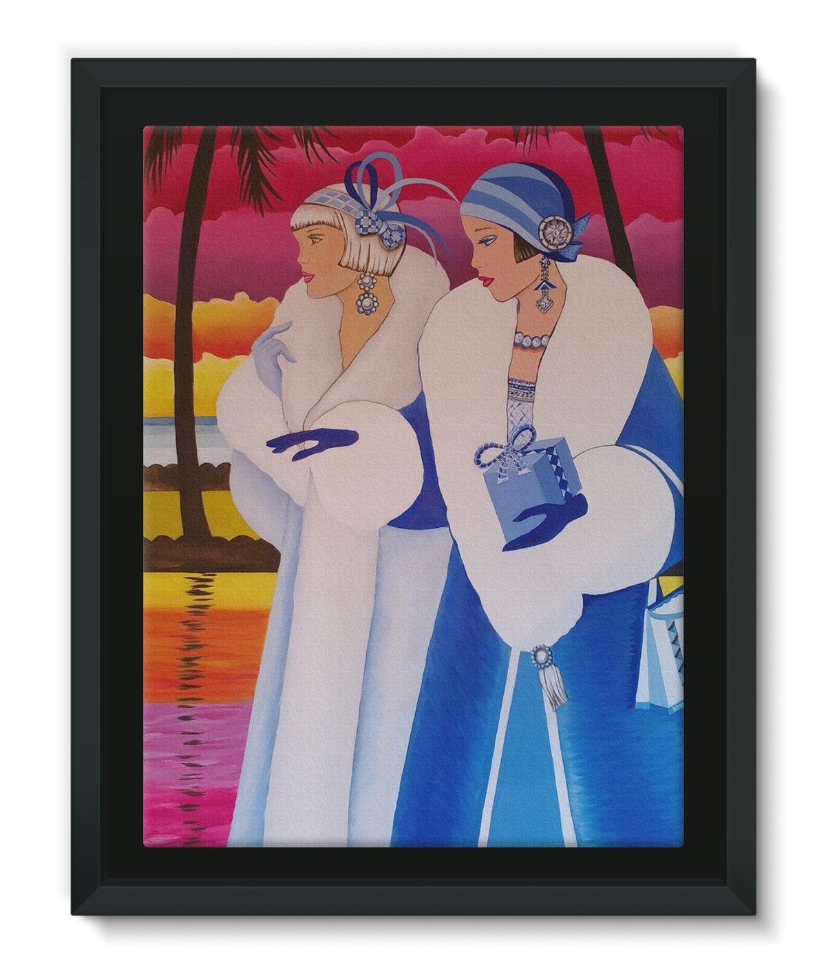 Palm Beach Blue Framed Canvas Lite featuring vibrant colors and a sleek black floater frame, ideal for modern decor.