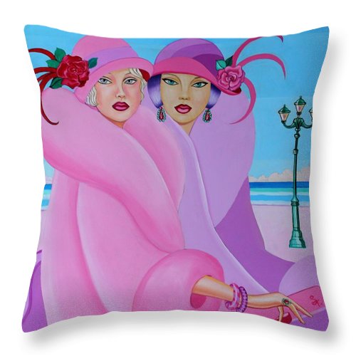 Palm Beach Pink Ladies throw pillow featuring vibrant tropical design, made from 100% spun polyester poplin fabric.