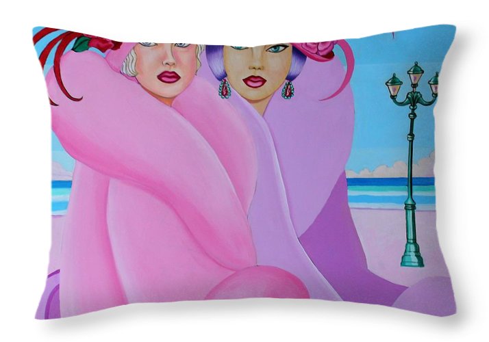 Palm Beach Pink Ladies throw pillow featuring vibrant tropical design, made from 100% spun polyester poplin fabric.