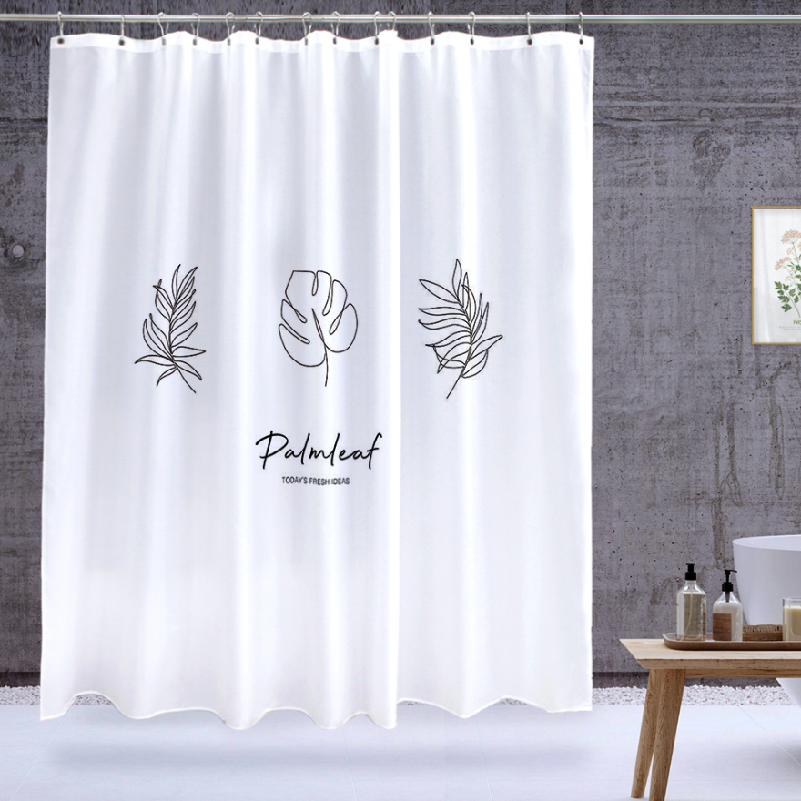 Palm Leaf shower curtain measuring 180cm x 180cm, featuring a modern design with lush green leaves on a neutral background.