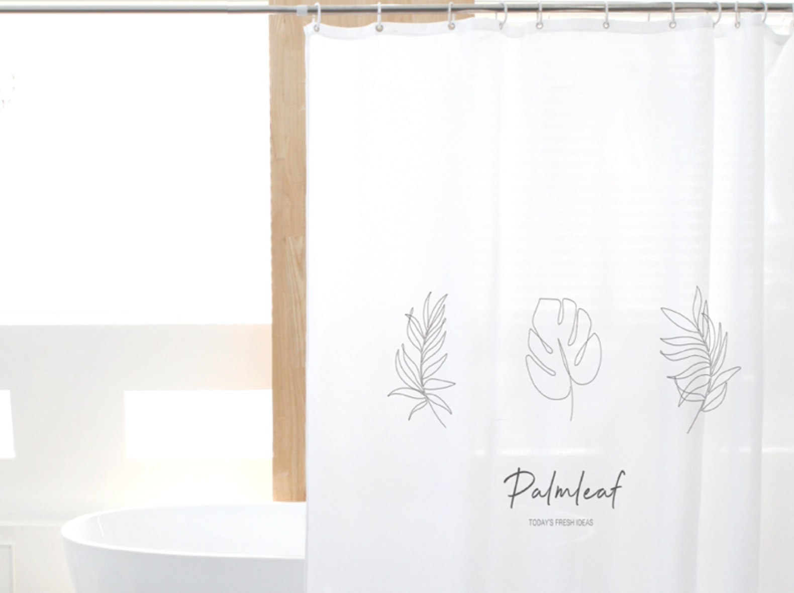 Palm Leaf shower curtain measuring 180cm x 180cm, featuring a modern design with lush green leaves on a neutral background.