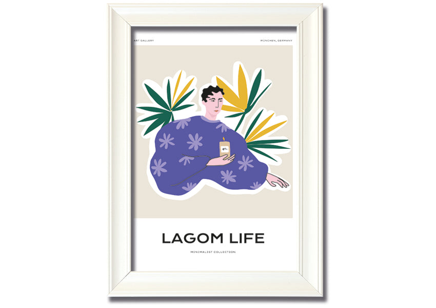 Framed Palm Leaf Lady print showcasing a beautiful palm leaf design, available in various frame colors, ready to hang.