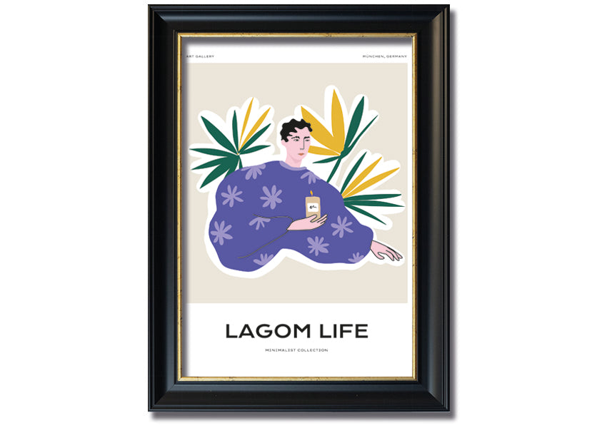 Framed Palm Leaf Lady print showcasing a beautiful palm leaf design, available in various frame colors, ready to hang.