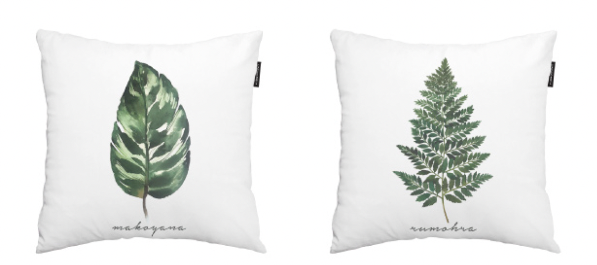 Palm Leaf Makoyana decorative cushion with double-sided design, showcasing high-quality microfiber fabric.