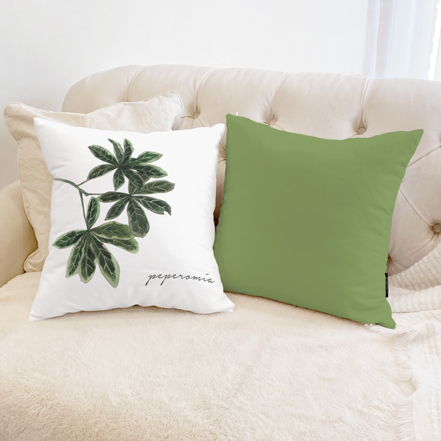 Palm Leaf Peperomia cushion showcasing double-sided design and high-quality microfiber fabric.