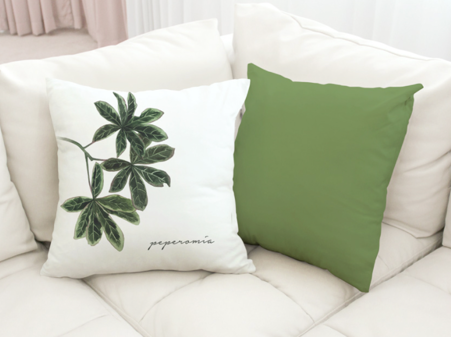 Palm Leaf Peperomia cushion showcasing double-sided design and high-quality microfiber fabric.