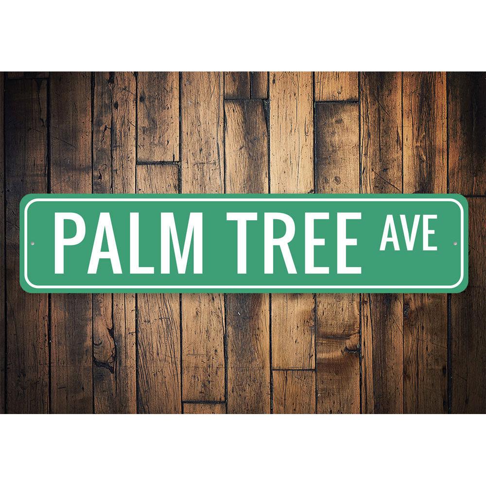 A decorative Palm Tree Avenue Sign made of high-quality aluminum, featuring a vibrant palm tree design, perfect for beach-themed decor.