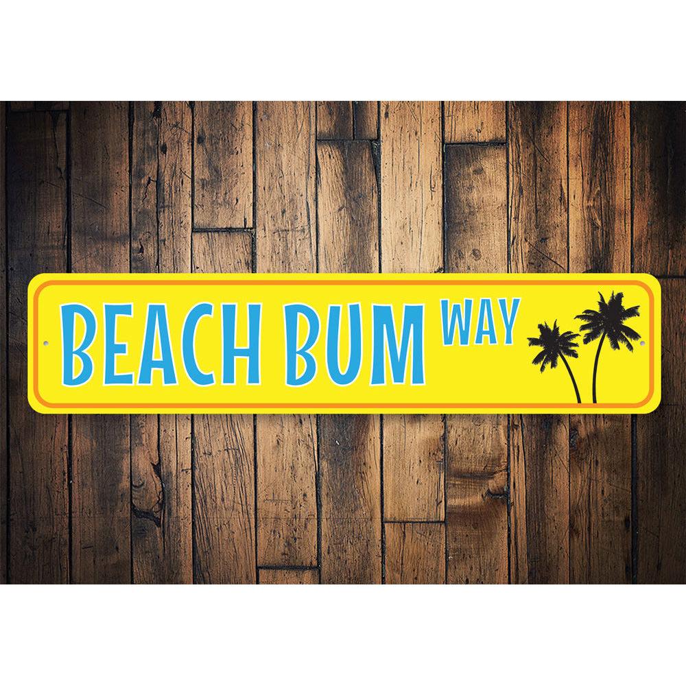 Palm Tree Beach Bum Way Sign made of aluminum, featuring vibrant colors and a beach-themed design, perfect for coastal decor.