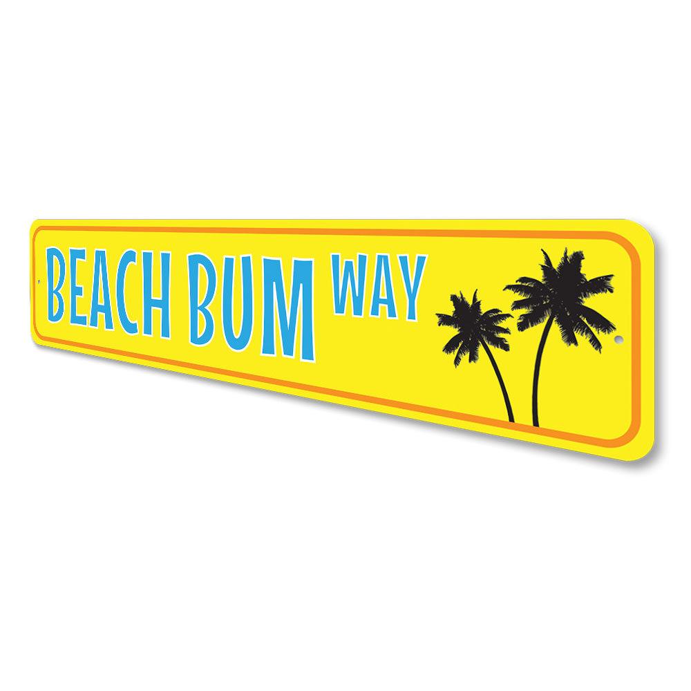 Palm Tree Beach Bum Way Sign made of aluminum, featuring vibrant colors and a beach-themed design, perfect for coastal decor.