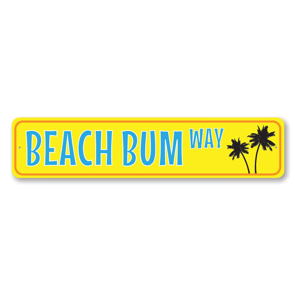 Palm Tree Beach Bum Way Sign made of aluminum, featuring vibrant colors and a beach-themed design, perfect for coastal decor.