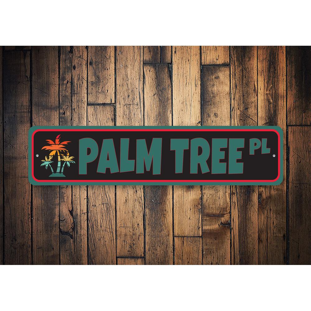 A vibrant Palm Tree Street Sign made of high-quality aluminum, featuring a tropical design perfect for home decor.