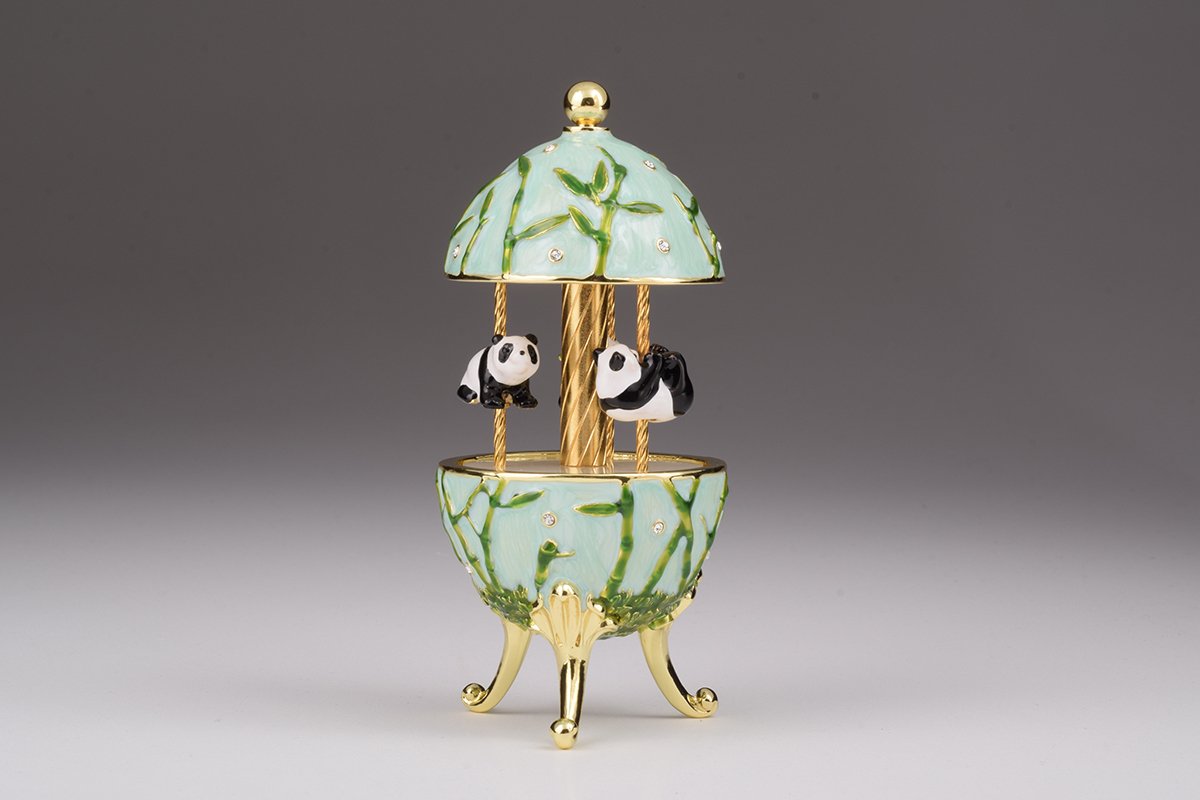 Panda Bears Musical Carousel trinket box with Austrian crystals and gold plating, showcasing intricate details and a charming design.