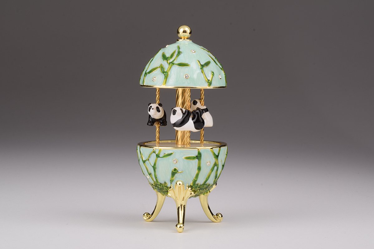 Panda Bears Musical Carousel trinket box with Austrian crystals and gold plating, showcasing intricate details and a charming design.