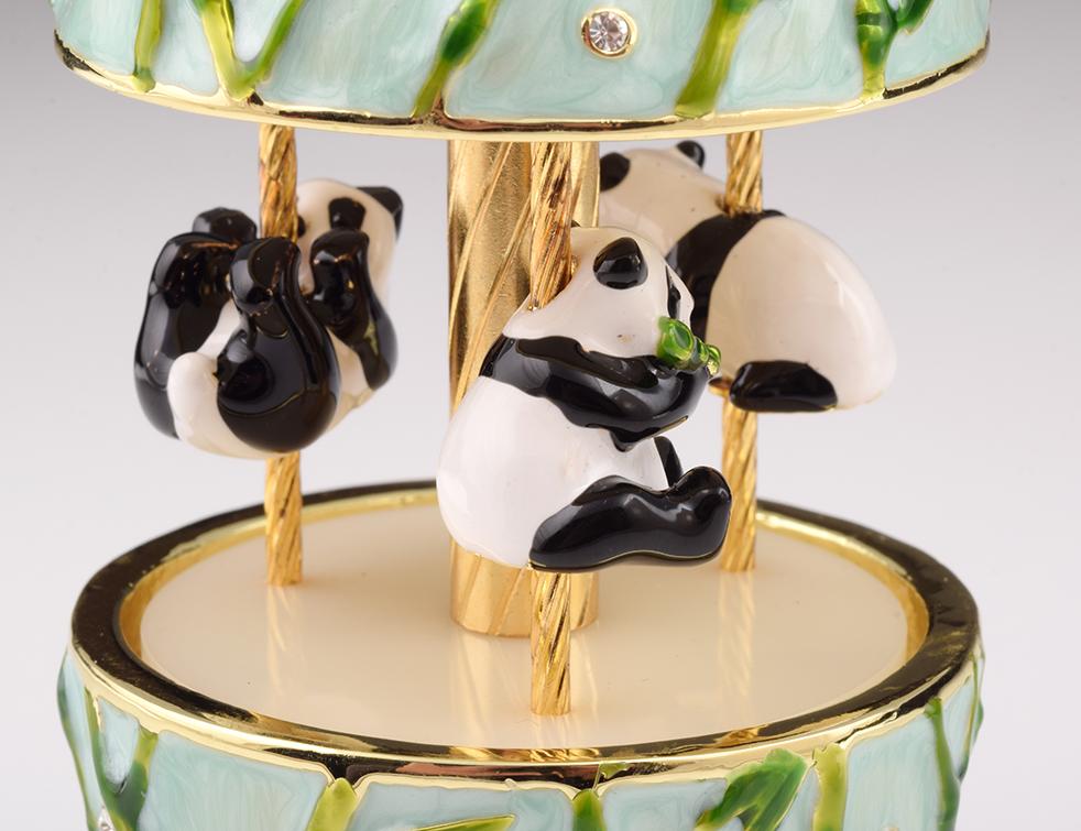 Panda Bears Musical Carousel trinket box with Austrian crystals and gold plating, showcasing intricate details and a charming design.