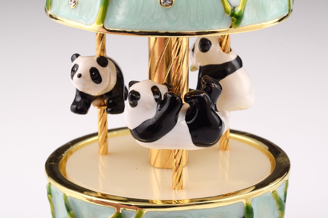 Panda Bears Musical Carousel trinket box with Austrian crystals and gold plating, showcasing intricate details and a charming design.