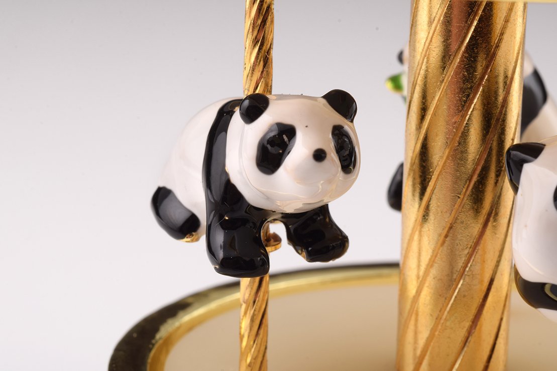 Panda Bears Musical Carousel trinket box with Austrian crystals and gold plating, showcasing intricate details and a charming design.