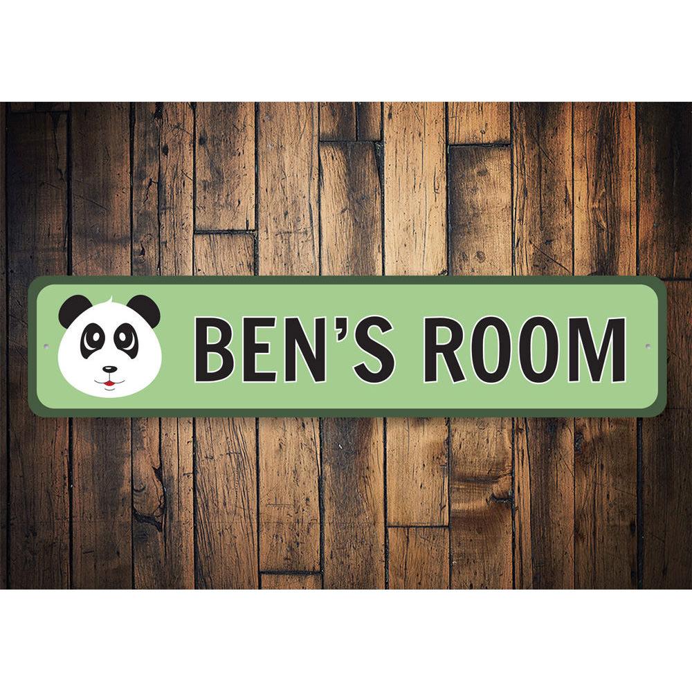 A colorful Panda Kids Room Sign made of aluminum, featuring a playful panda design, perfect for decorating a child's room.