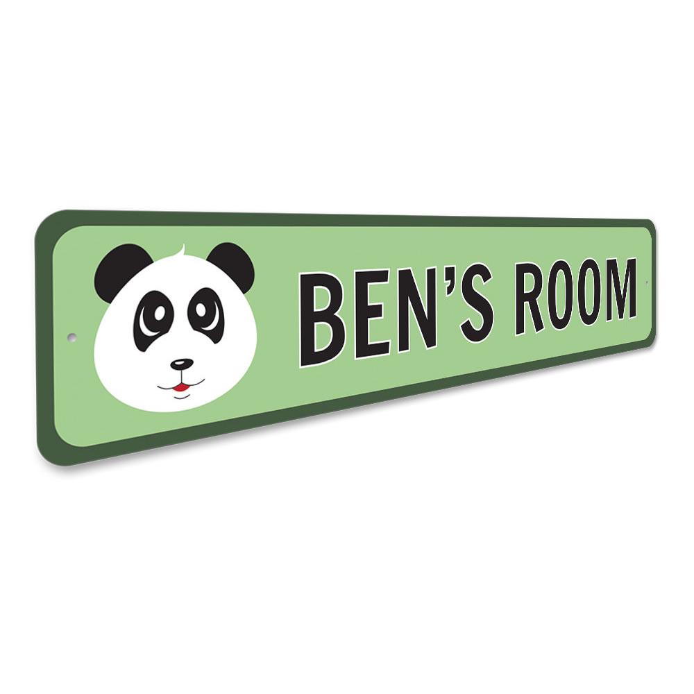 A colorful Panda Kids Room Sign made of aluminum, featuring a playful panda design, perfect for decorating a child's room.