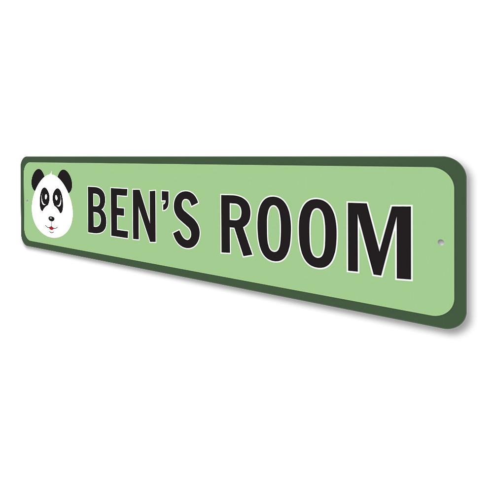 A colorful Panda Kids Room Sign made of aluminum, featuring a playful panda design, perfect for decorating a child's room.