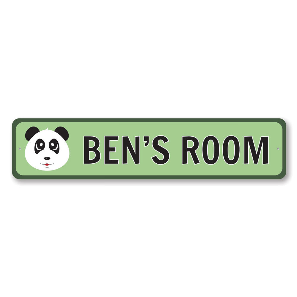 A colorful Panda Kids Room Sign made of aluminum, featuring a playful panda design, perfect for decorating a child's room.