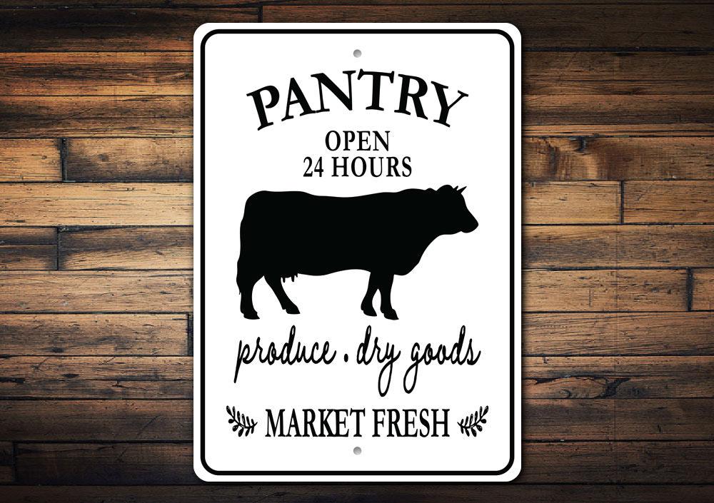 A stylish Pantry Open Kitchen Sign made of durable aluminum, featuring customizable text and pre-drilled holes for easy mounting.