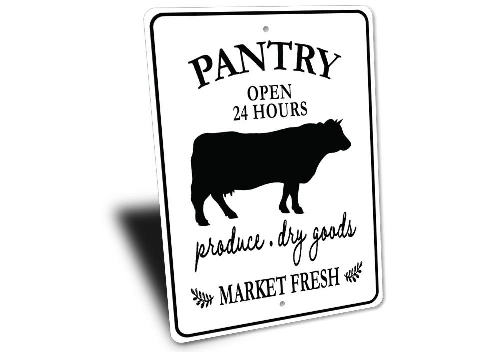 A stylish Pantry Open Kitchen Sign made of durable aluminum, featuring customizable text and pre-drilled holes for easy mounting.