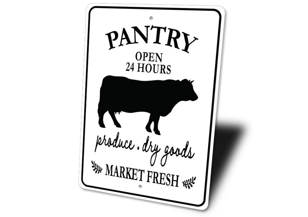 A stylish Pantry Open Kitchen Sign made of durable aluminum, featuring customizable text and pre-drilled holes for easy mounting.