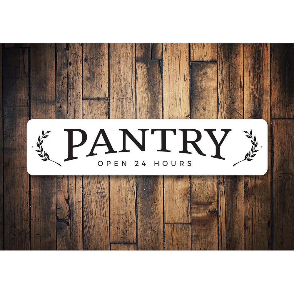 A stylish Pantry Open Sign made from durable aluminum, featuring customizable text and pre-drilled holes for easy mounting.