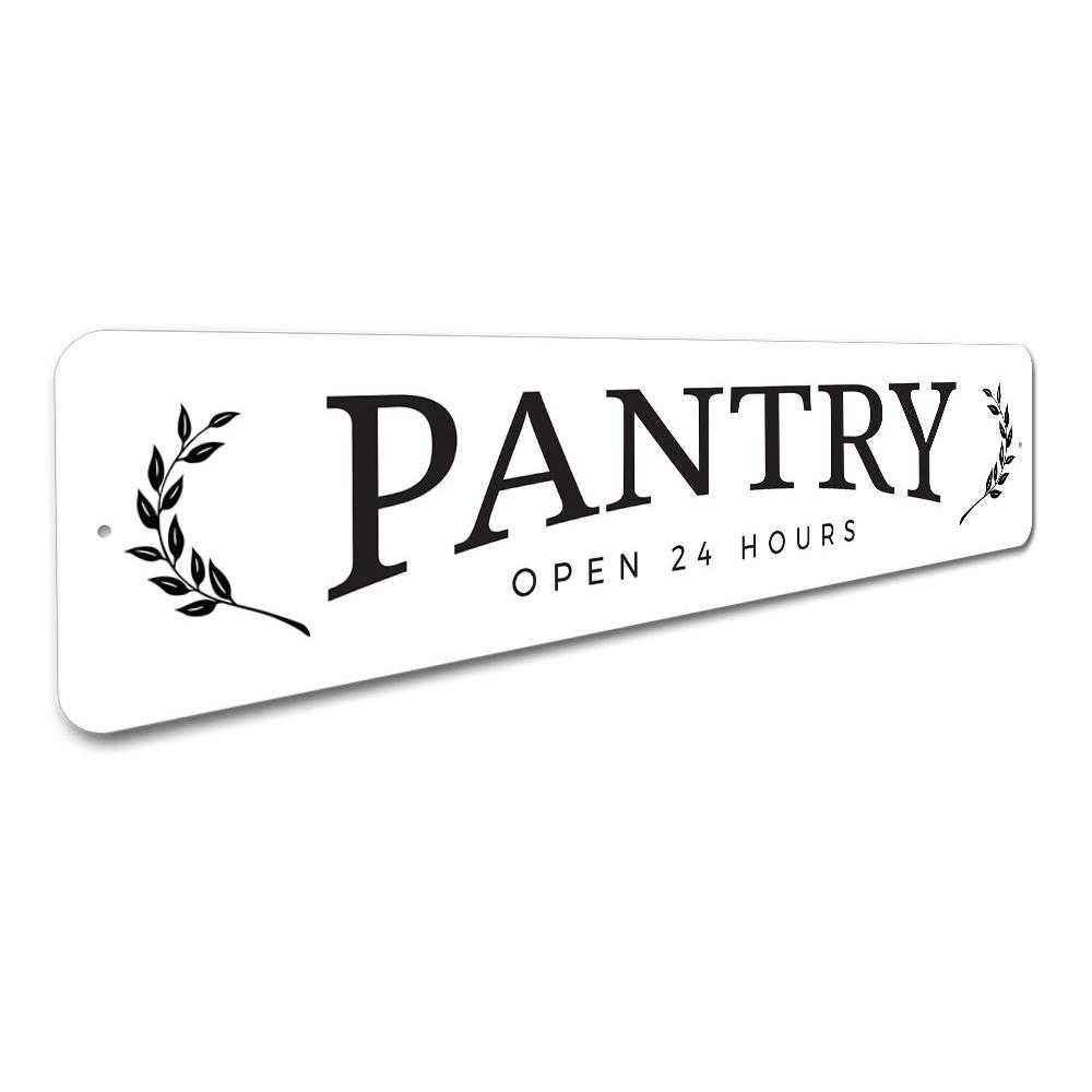 A stylish Pantry Open Sign made from durable aluminum, featuring customizable text and pre-drilled holes for easy mounting.