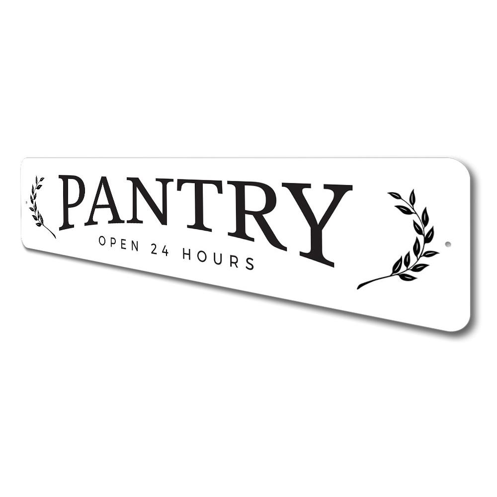 A stylish Pantry Open Sign made from durable aluminum, featuring customizable text and pre-drilled holes for easy mounting.