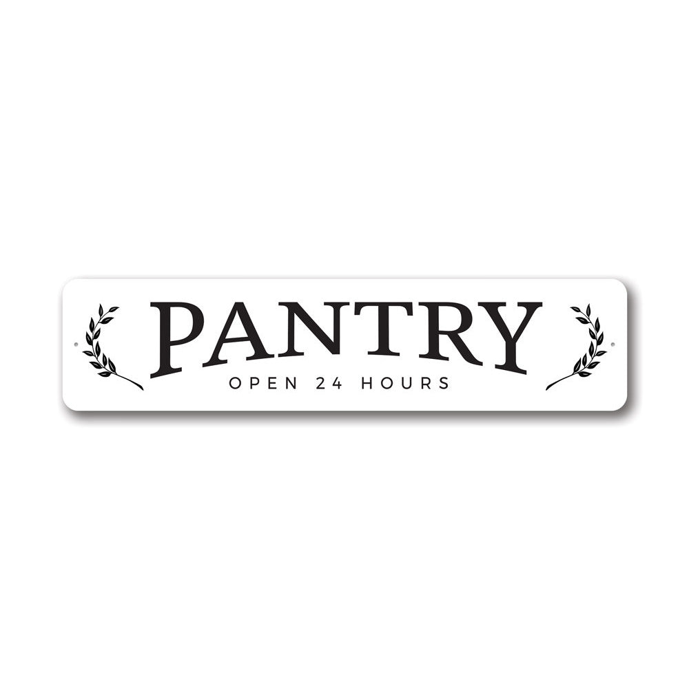 A stylish Pantry Open Sign made from durable aluminum, featuring customizable text and pre-drilled holes for easy mounting.