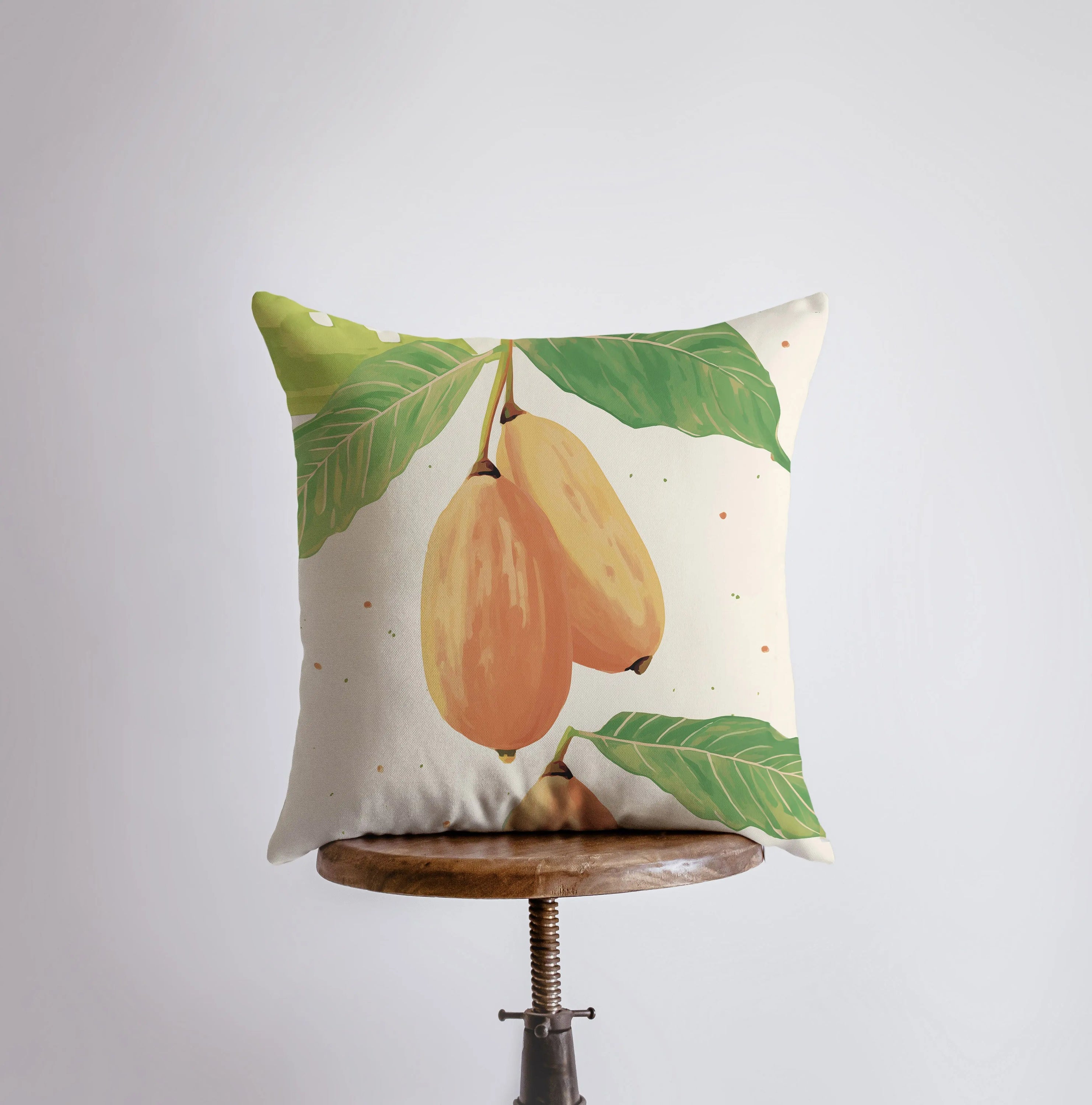 A vibrant Papaya Leaves Gouache Painting Food Pillow showcasing intricate leaf designs on a soft fabric, perfect for home decor.