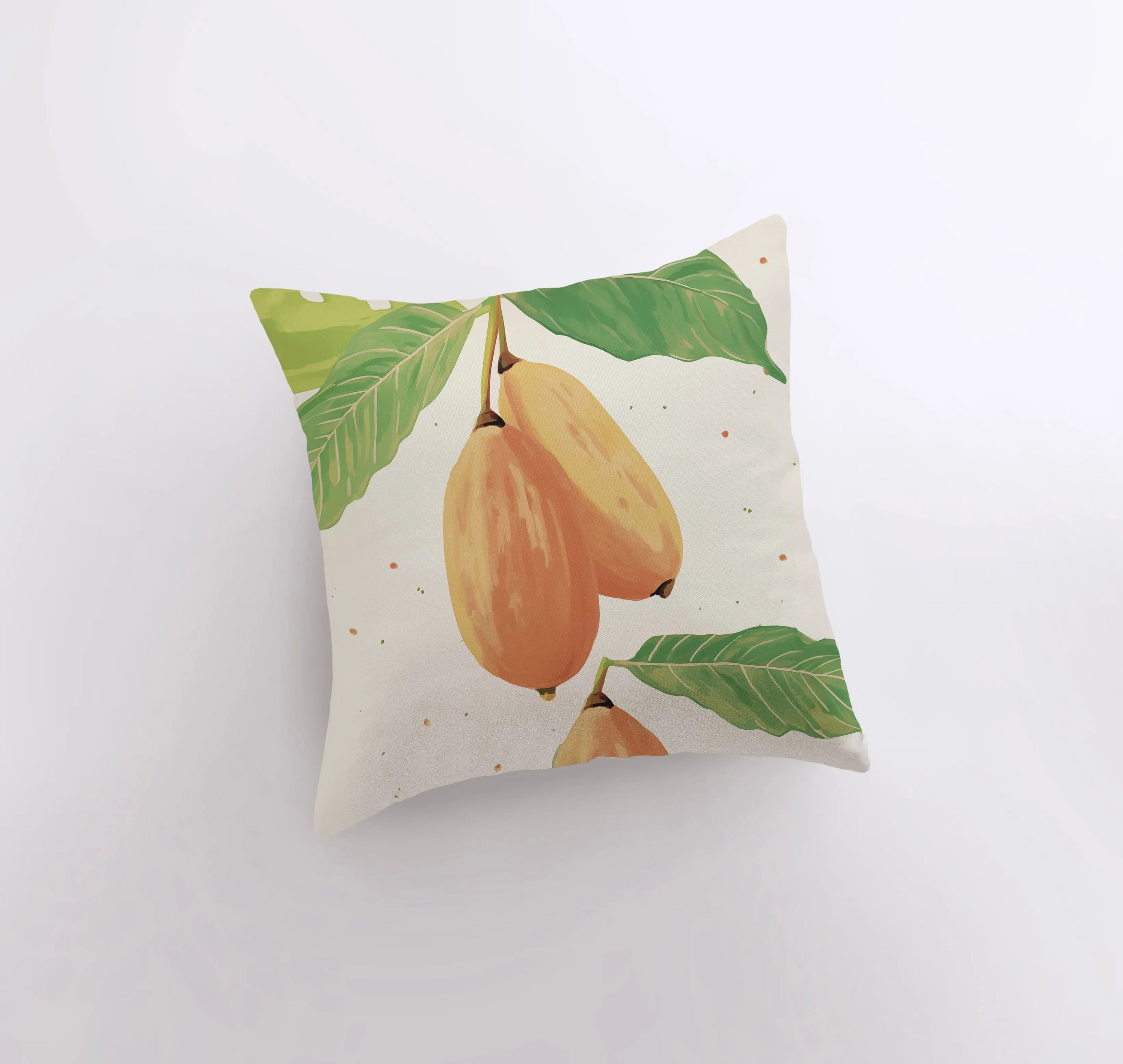 A vibrant Papaya Leaves Gouache Painting Food Pillow showcasing intricate leaf designs on a soft fabric, perfect for home decor.