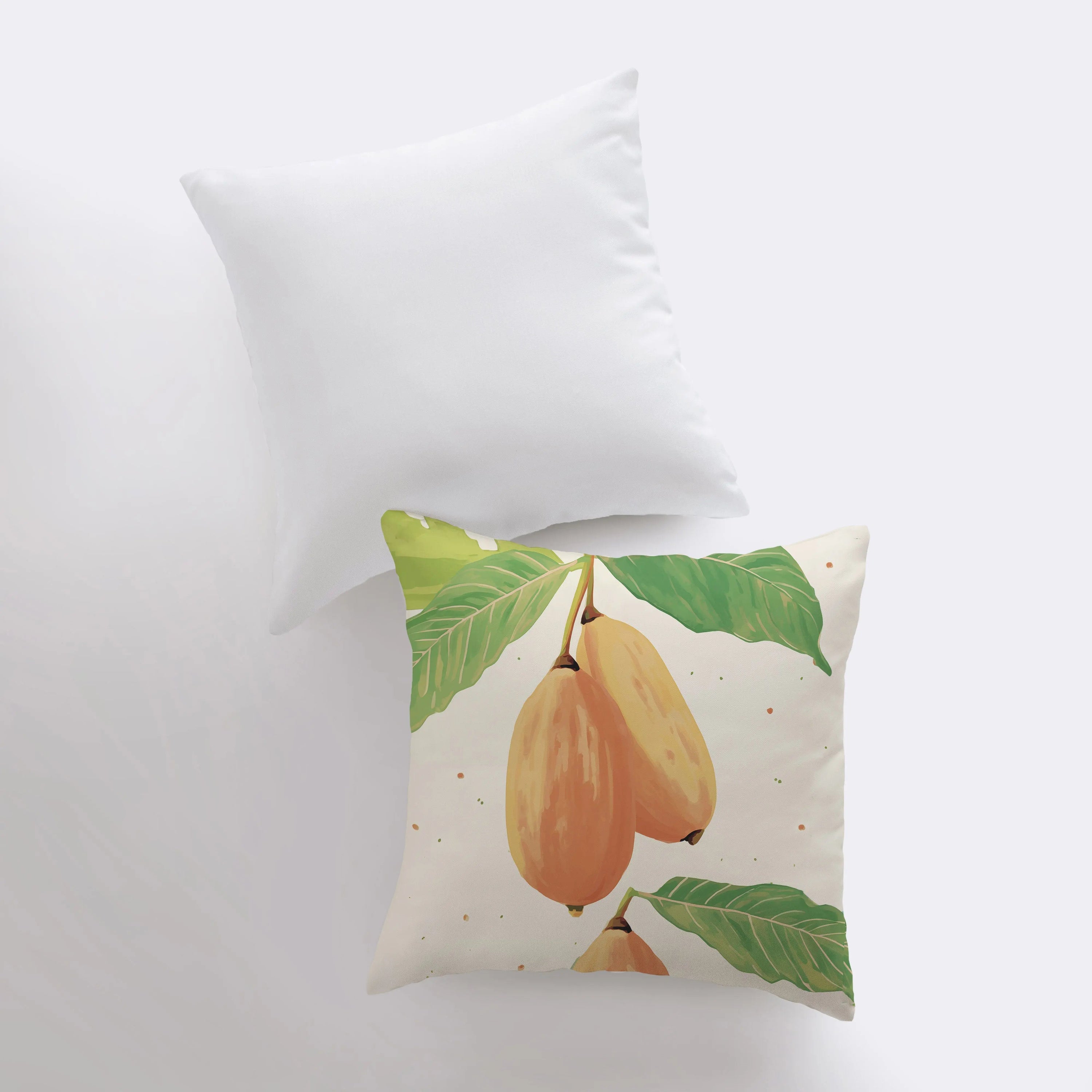 A vibrant Papaya Leaves Gouache Painting Food Pillow showcasing intricate leaf designs on a soft fabric, perfect for home decor.