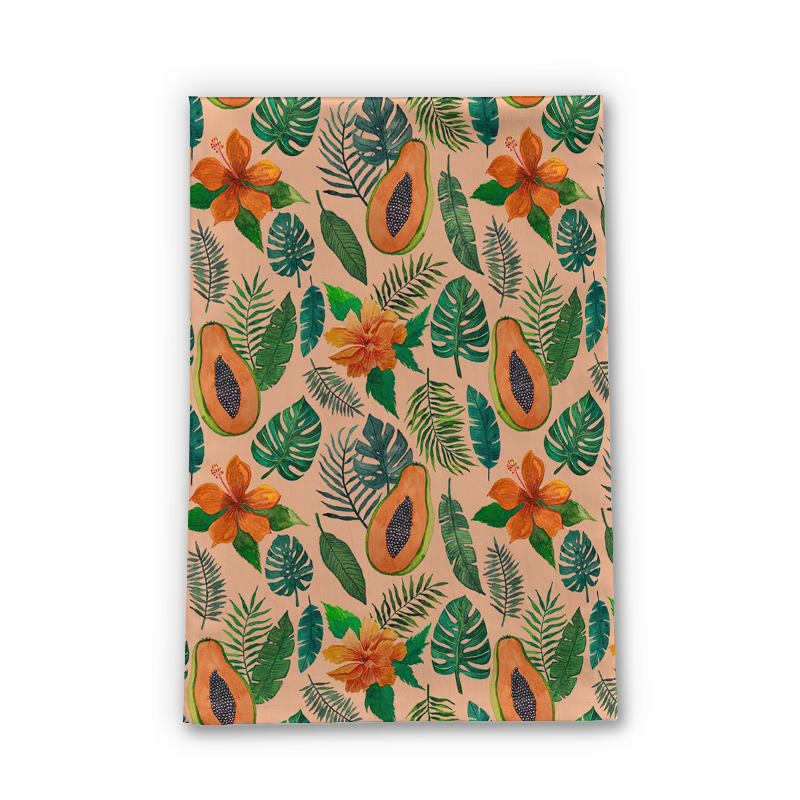 A vibrant papaya-themed tea towel made of cotton twill, showcasing a colorful design perfect for kitchen decor.