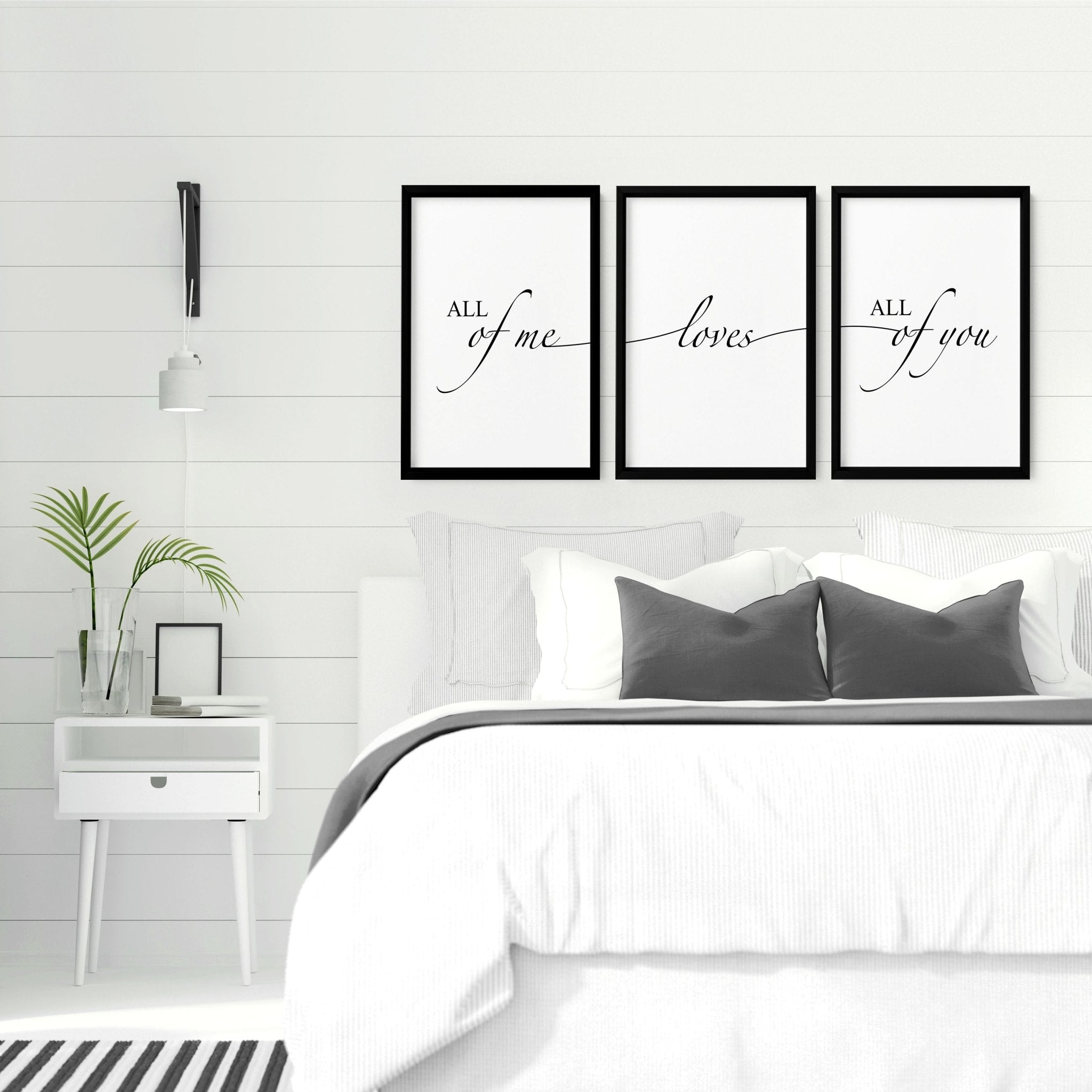 Set of 3 black and white wall art prints featuring the quote 'All of me loves all of you', perfect for bedroom decor.