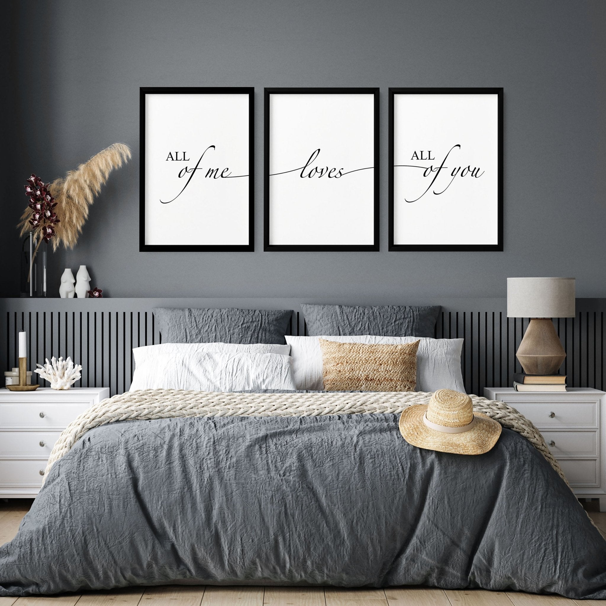 Set of 3 black and white wall art prints featuring the quote 'All of me loves all of you', perfect for bedroom decor.