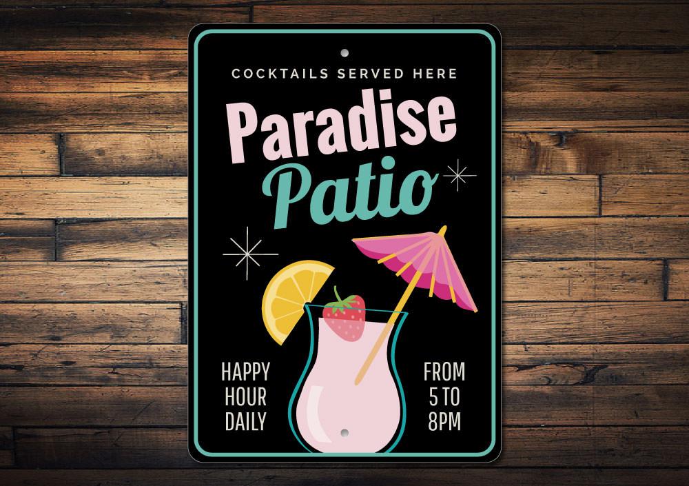 A beautifully crafted Paradise Patio Sign made of high-quality aluminum, featuring a beach-themed design, perfect for outdoor decor.