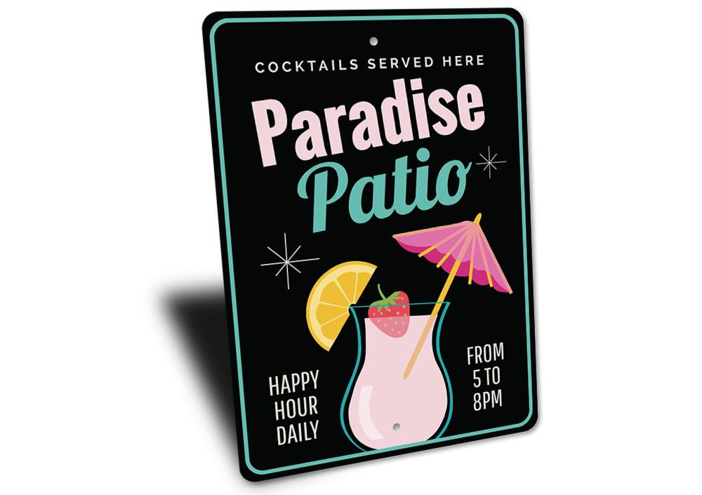 A beautifully crafted Paradise Patio Sign made of high-quality aluminum, featuring a beach-themed design, perfect for outdoor decor.