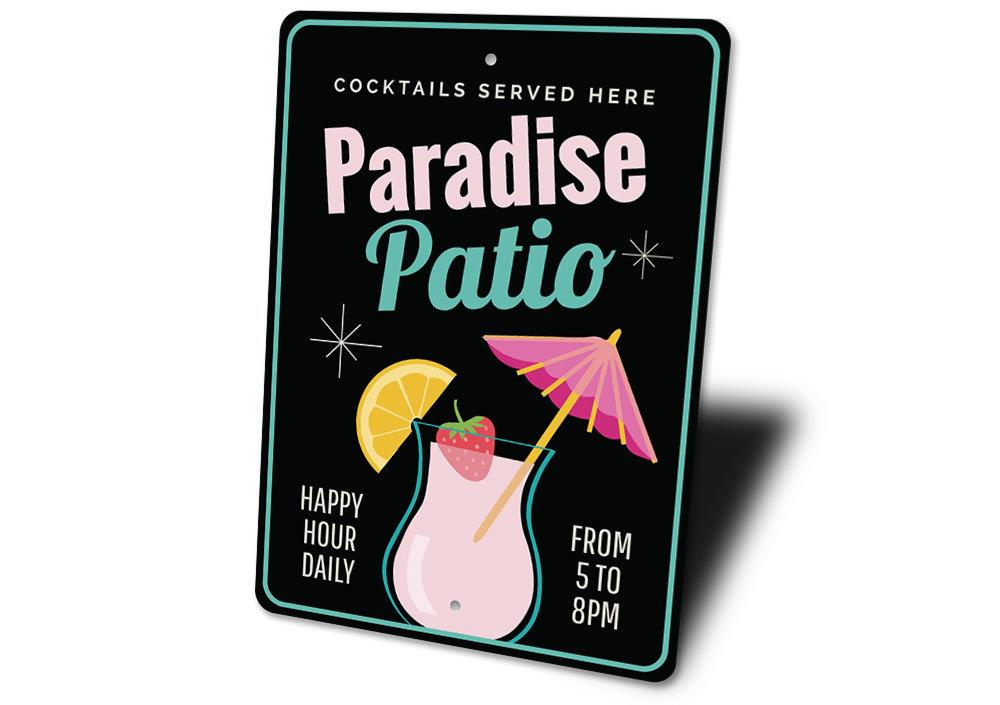 A beautifully crafted Paradise Patio Sign made of high-quality aluminum, featuring a beach-themed design, perfect for outdoor decor.