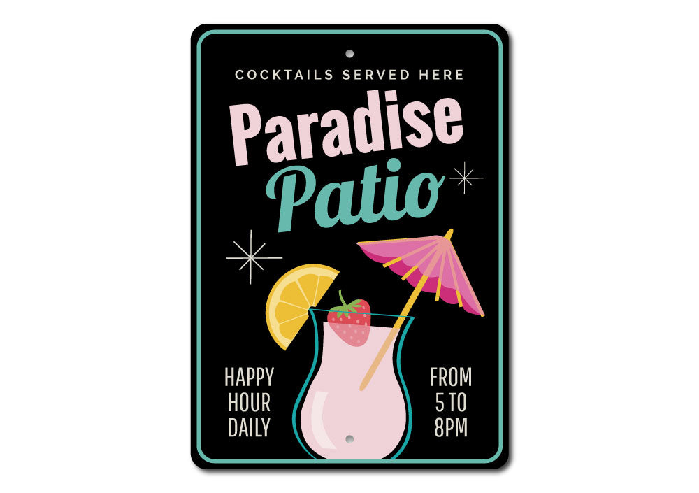 A beautifully crafted Paradise Patio Sign made of high-quality aluminum, featuring a beach-themed design, perfect for outdoor decor.