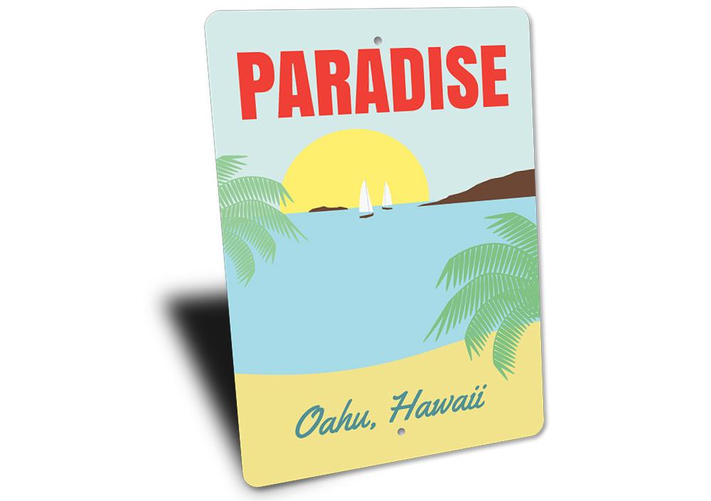 A beautifully crafted Paradise Sign made of high-quality aluminum, featuring customizable text and a coastal design, perfect for beach lovers.