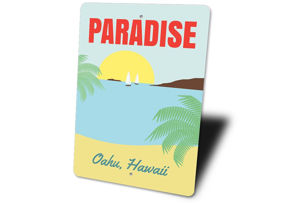 A beautifully crafted Paradise Sign made of high-quality aluminum, featuring customizable text and a coastal design, perfect for beach lovers.