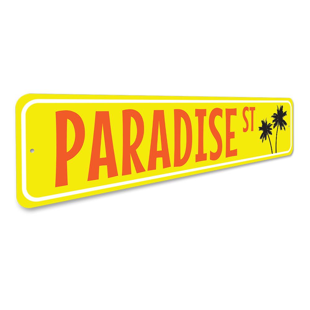 A vibrant Paradise Street Sign made of high-quality aluminum, featuring customizable text and a beach-themed design, perfect for coastal decor.