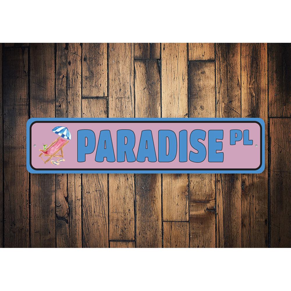 A vibrant Paradise Street Sign made of durable aluminum, featuring customizable text and pre-drilled holes for easy mounting.