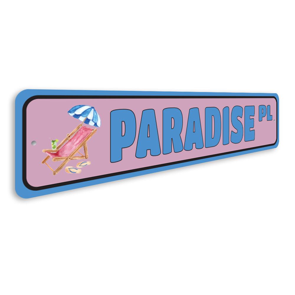 A vibrant Paradise Street Sign made of durable aluminum, featuring customizable text and pre-drilled holes for easy mounting.