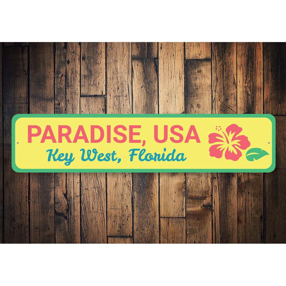 Paradise USA Key West Sign featuring vibrant colors and beach-themed design, perfect for coastal decor.