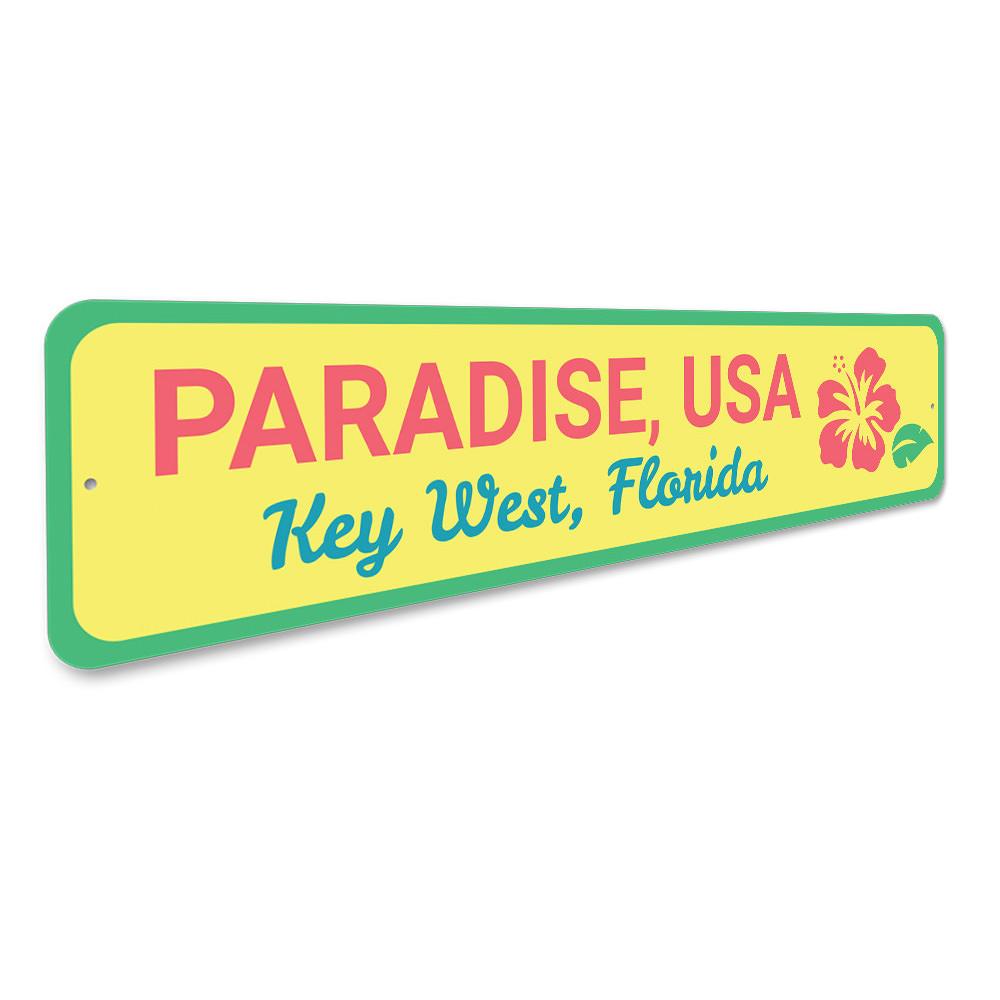 Paradise USA Key West Sign featuring vibrant colors and beach-themed design, perfect for coastal decor.