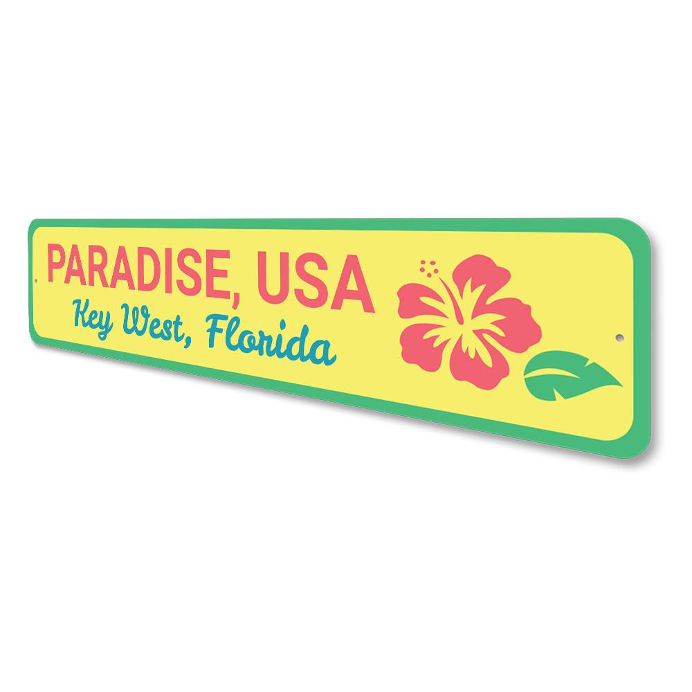 Paradise USA Key West Sign featuring vibrant colors and beach-themed design, perfect for coastal decor.