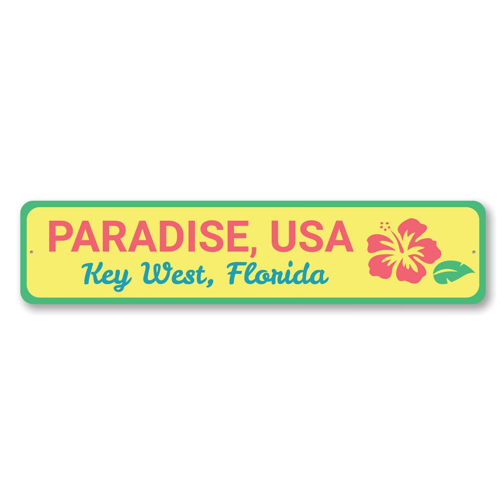 Paradise USA Key West Sign featuring vibrant colors and beach-themed design, perfect for coastal decor.